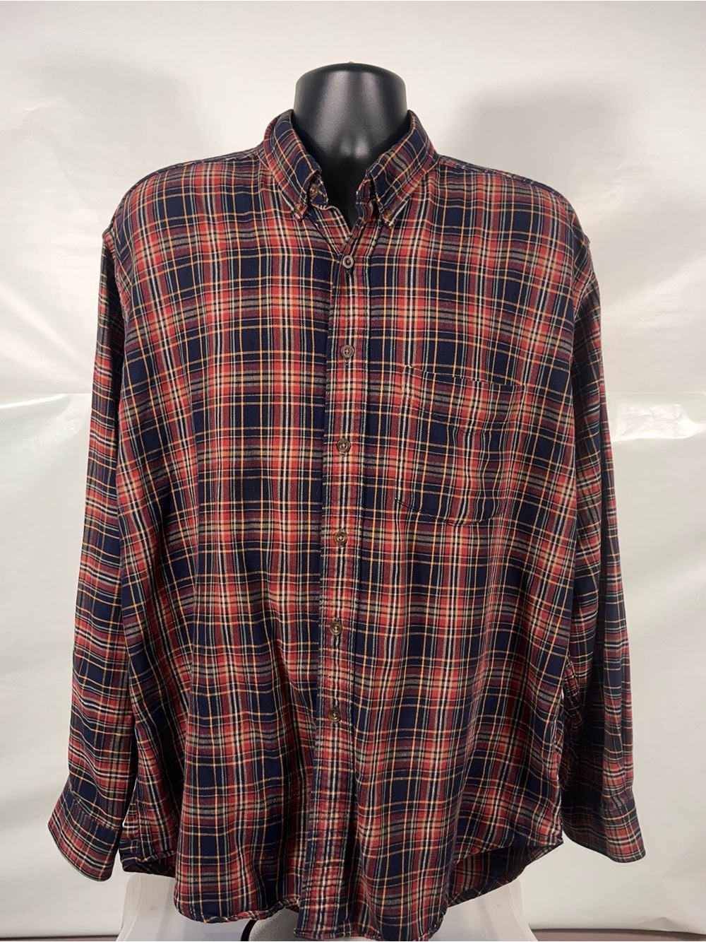 L.L. Bean Red and Navy Plaid Cotton Button-Down Shirt